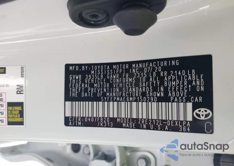 2021 Toyota Corolla Le из США, поврежденный, VIN 5YFEPMAE6MP150290